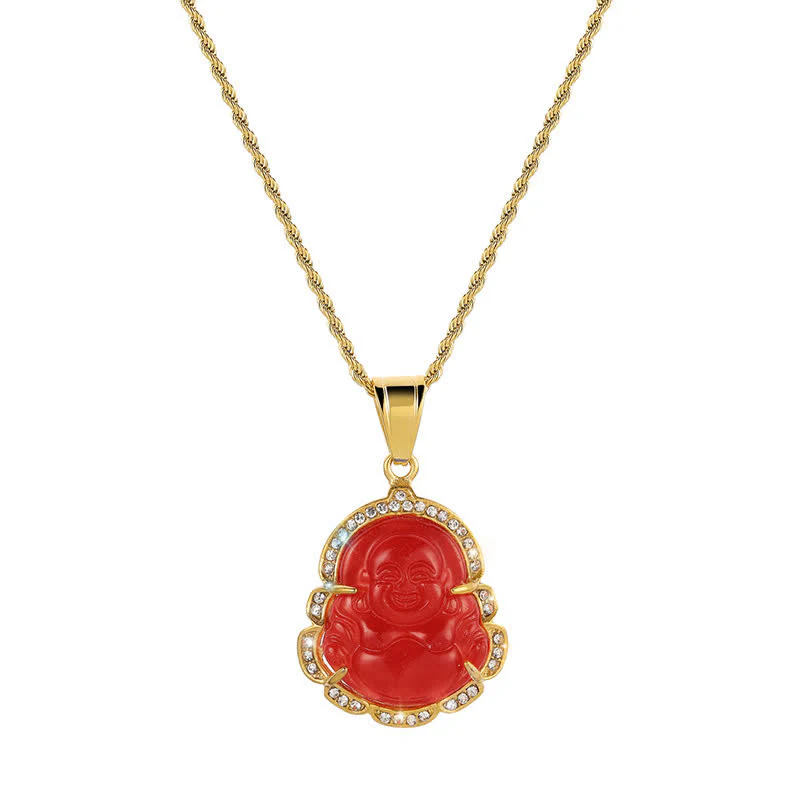 Collana con ciondolo a forma di Buddha in giada con Buddha che ride, riempita in oro 18 carati, Buddha Stones - Image 11
