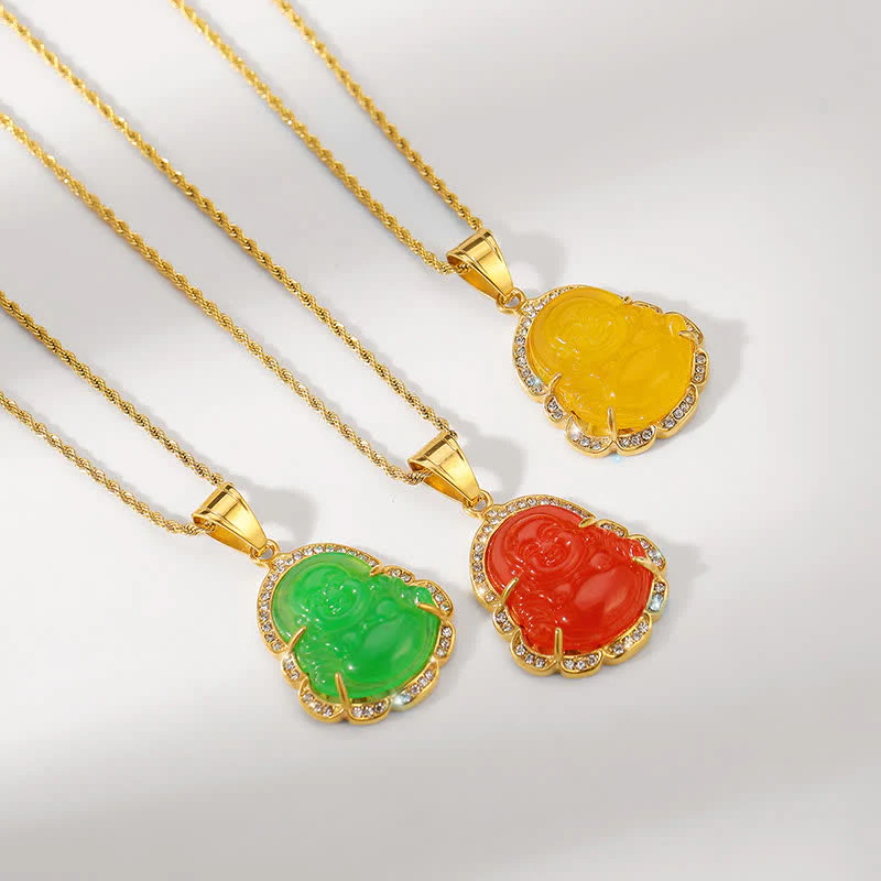Collana con ciondolo a forma di Buddha in giada con Buddha che ride, riempita in oro 18 carati, Buddha Stones - Image 12