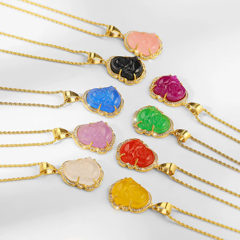 Collana con ciondolo a forma di Buddha in giada con Buddha che ride, riempita in oro 18 carati, Buddha Stones - Image 16