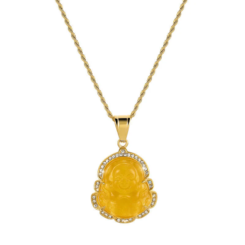 Collana con ciondolo a forma di Buddha in giada con Buddha che ride, riempita in oro 18 carati, Buddha Stones - Image 17