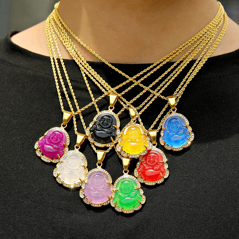 Collana con ciondolo a forma di Buddha in giada con Buddha che ride, riempita in oro 18 carati, Buddha Stones - Image 19