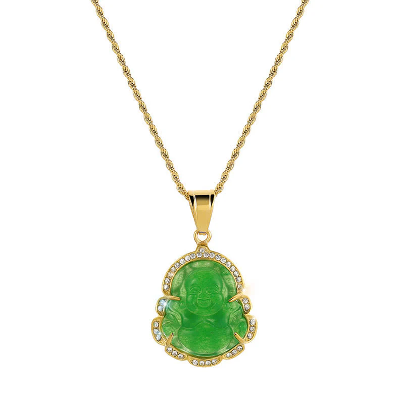 Collana con ciondolo a forma di Buddha in giada con Buddha che ride, riempita in oro 18 carati, Buddha Stones - Image 3