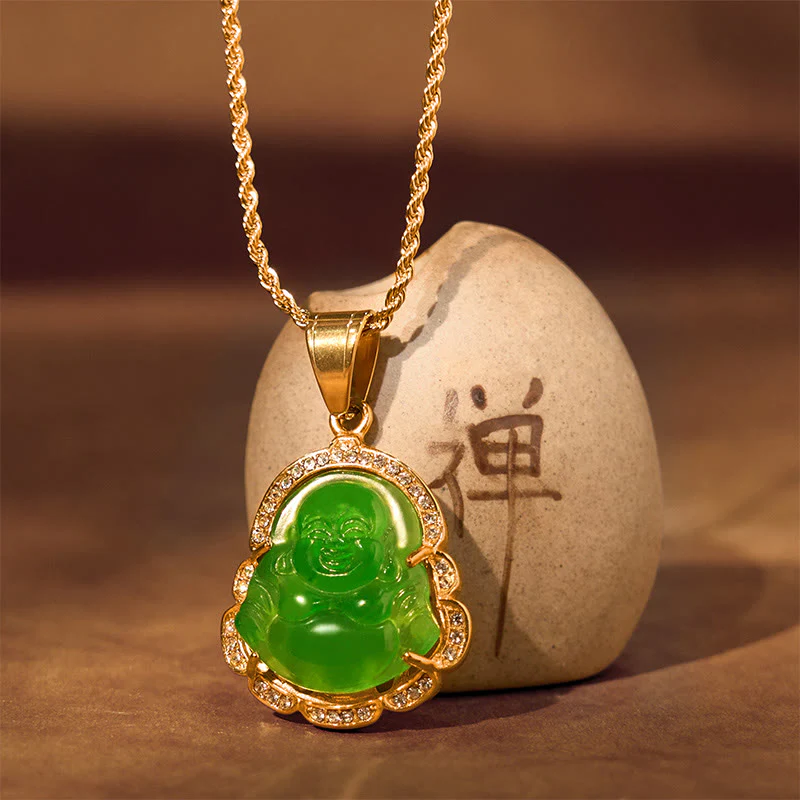 Collana con ciondolo a forma di Buddha in giada con Buddha che ride, riempita in oro 18 carati, Buddha Stones - Image 4