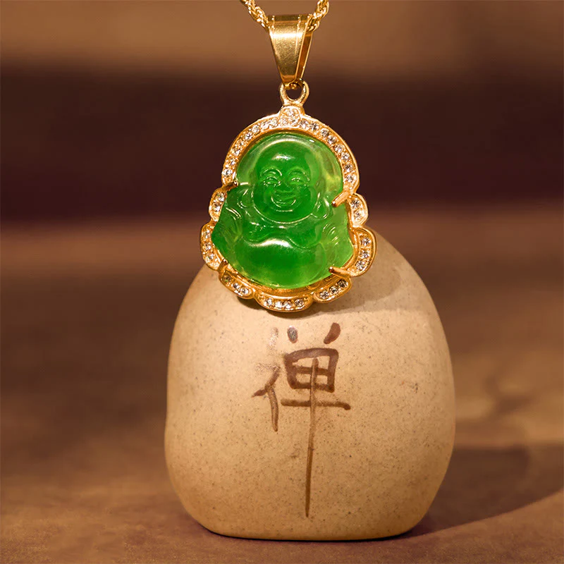 Collana con ciondolo a forma di Buddha in giada con Buddha che ride, riempita in oro 18 carati, Buddha Stones - Image 5