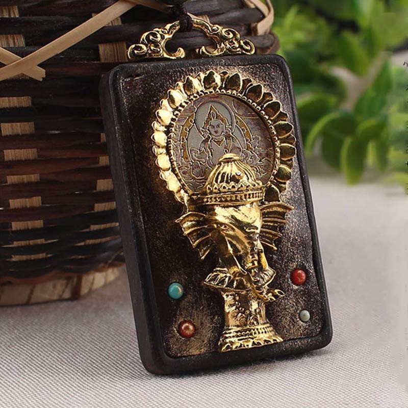 Collana con ciondolo a forma di corda con elefante in legno di ebano e dio della fortuna del Buddha - Image 11