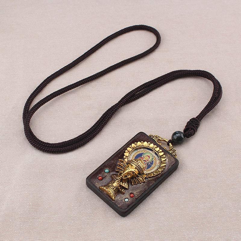 Collana con ciondolo a forma di corda con elefante in legno di ebano e dio della fortuna del Buddha - Image 5