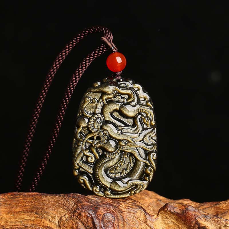 Collana con ciondolo a forma di drago in ossidiana con Buddha Stones motivo a drago