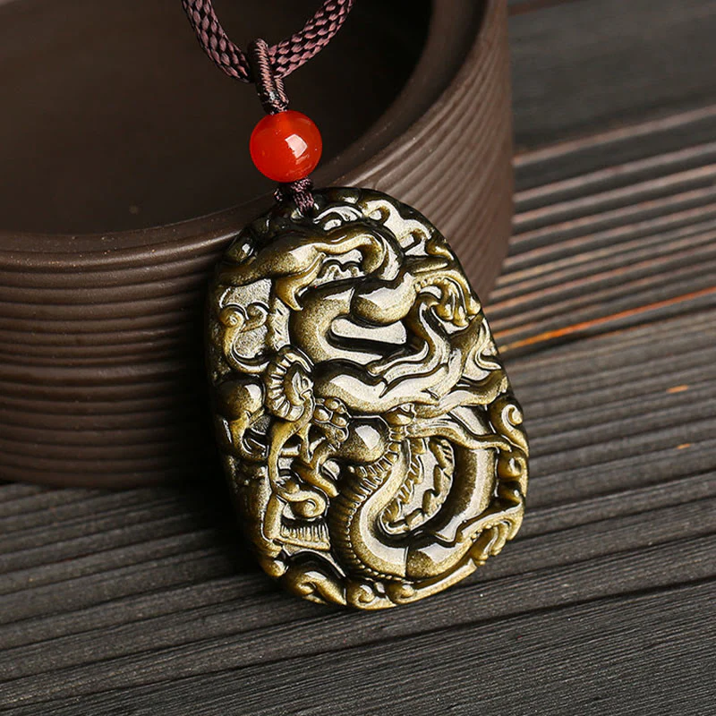 Collana con ciondolo a forma di drago in ossidiana con Buddha Stones motivo a drago - Image 2