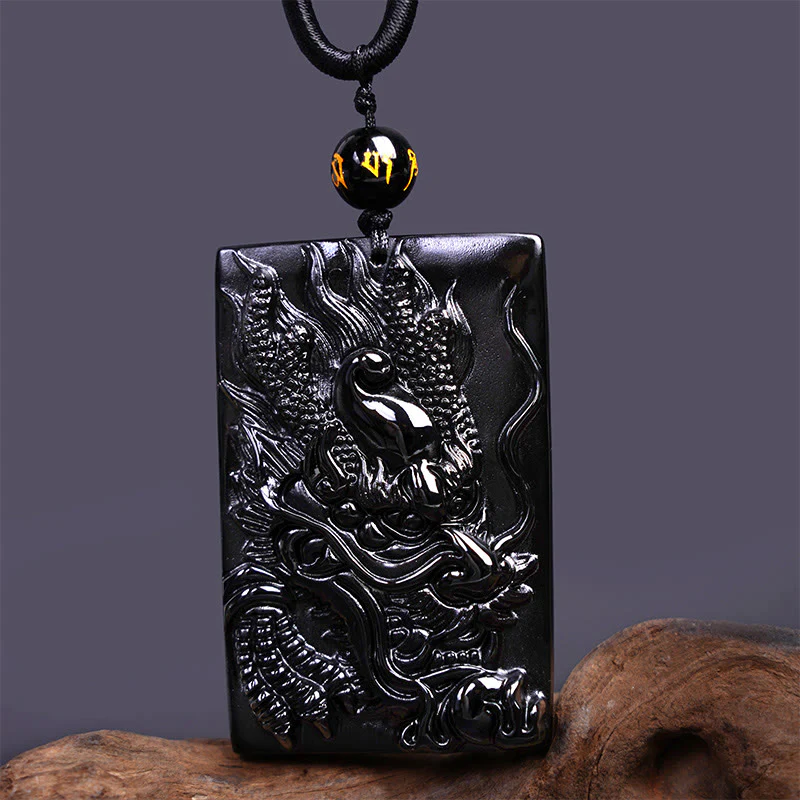 Collana con ciondolo a forma di drago rettangolare in ossidiana nera naturale Buddha Stones incisione - Image 14