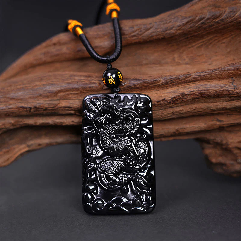 Collana con ciondolo a forma di drago rettangolare in ossidiana nera naturale Buddha Stones incisione - Image 2