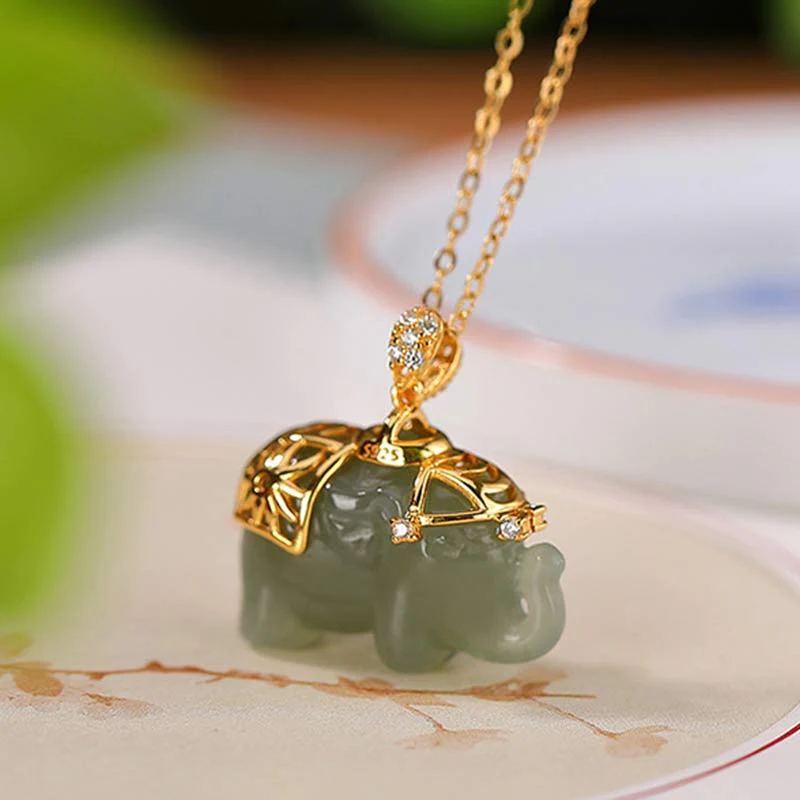 Collana con ciondolo a forma di elefante in argento sterling 925 con Buddha Stones e giada, benedizione e fortuna - Image 4