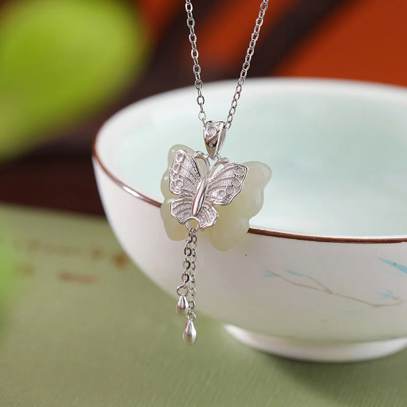 Collana con ciondolo a forma di farfalla in giada bianca Hetian, placcata in argento sterling 925, con Buddha Stones e ciondolo a forma di farfalla in giada bianca Hetian. - Image 10