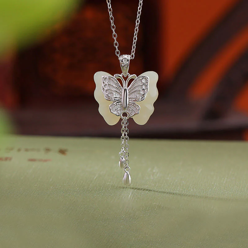 Collana con ciondolo a forma di farfalla in giada bianca Hetian, placcata in argento sterling 925, con Buddha Stones e ciondolo a forma di farfalla in giada bianca Hetian. - Image 11