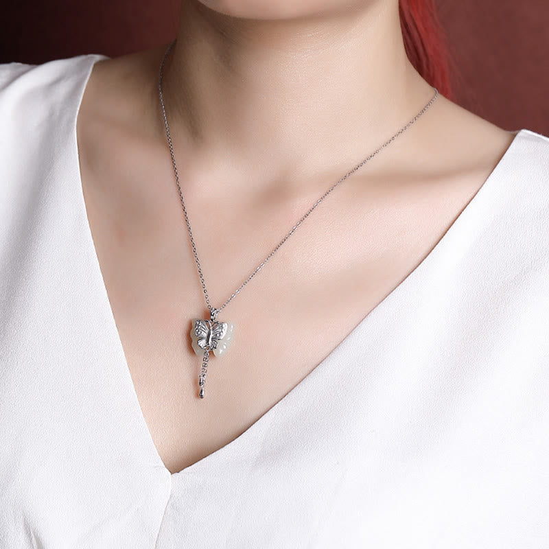 Collana con ciondolo a forma di farfalla in giada bianca Hetian, placcata in argento sterling 925, con Buddha Stones e ciondolo a forma di farfalla in giada bianca Hetian. - Image 12
