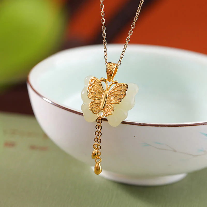 Collana con ciondolo a forma di farfalla in giada bianca Hetian, placcata in argento sterling 925, con Buddha Stones e ciondolo a forma di farfalla in giada bianca Hetian. - Image 3