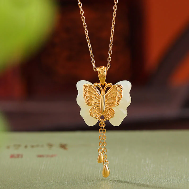 Collana con ciondolo a forma di farfalla in giada bianca Hetian, placcata in argento sterling 925, con Buddha Stones e ciondolo a forma di farfalla in giada bianca Hetian. - Image 4