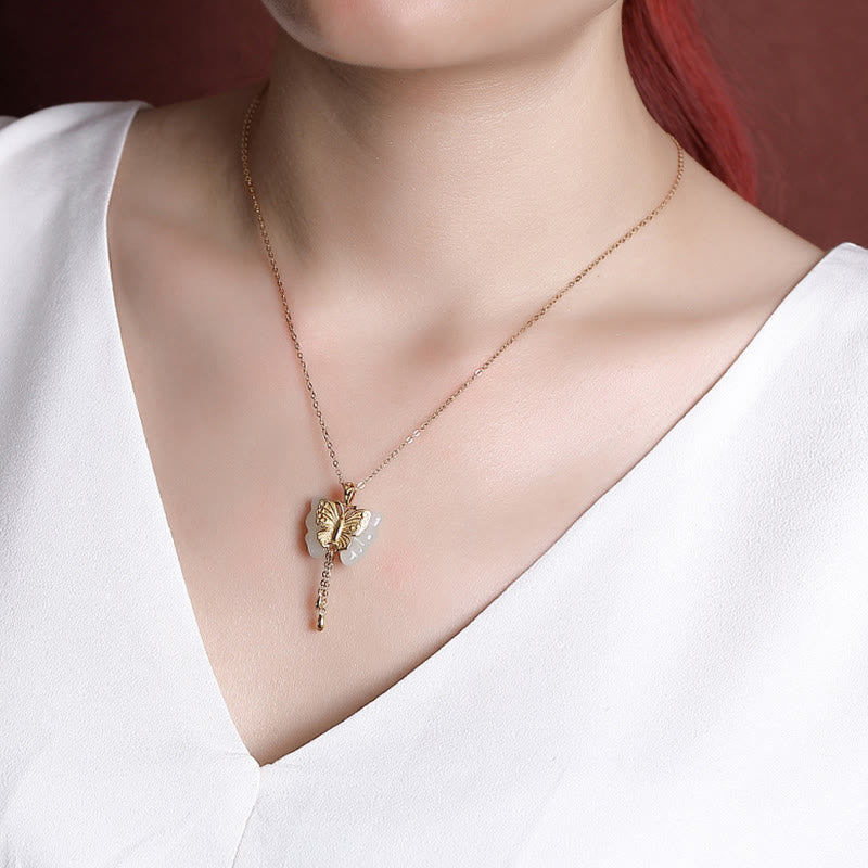Collana con ciondolo a forma di farfalla in giada bianca Hetian, placcata in argento sterling 925, con Buddha Stones e ciondolo a forma di farfalla in giada bianca Hetian. - Image 6