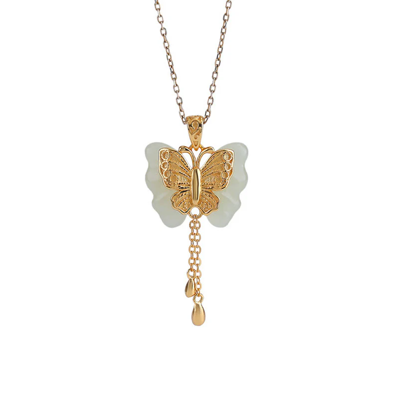 Collana con ciondolo a forma di farfalla in giada bianca Hetian, placcata in argento sterling 925, con Buddha Stones e ciondolo a forma di farfalla in giada bianca Hetian. - Image 7