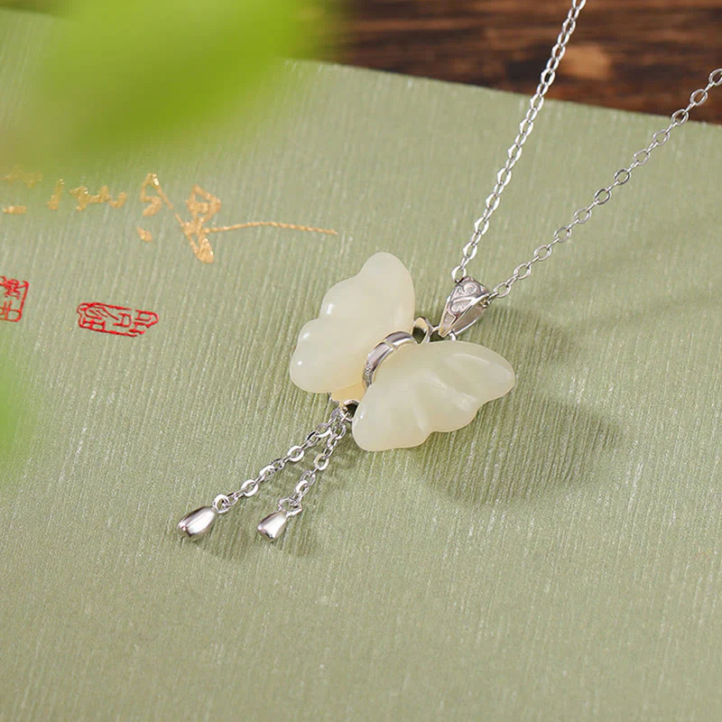 Collana con ciondolo a forma di farfalla in giada bianca Hetian, placcata in argento sterling 925, con Buddha Stones e ciondolo a forma di farfalla in giada bianca Hetian. - Image 9