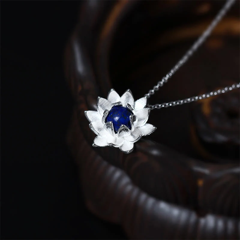 Collana con ciondolo a forma di fiore di loto in argento sterling 925, lapislazzuli e Buddha Stones, per la cura di sé - Image 2