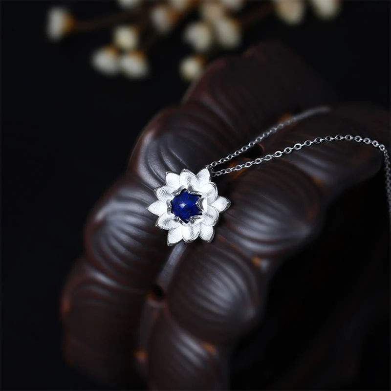 Collana con ciondolo a forma di fiore di loto in argento sterling 925, lapislazzuli e Buddha Stones, per la cura di sé - Image 3