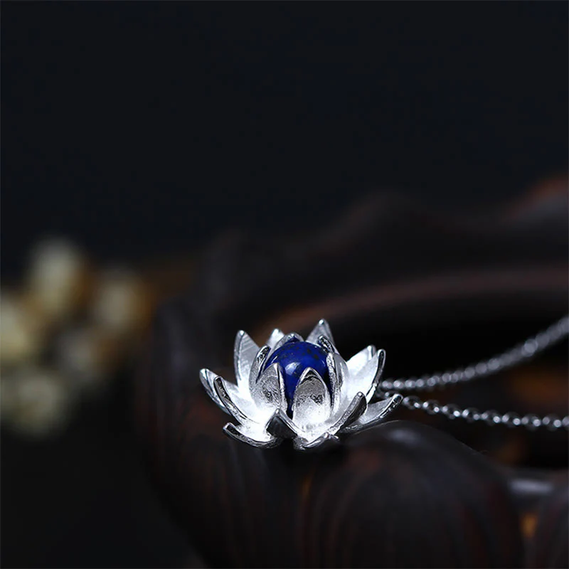 Collana con ciondolo a forma di fiore di loto in argento sterling 925, lapislazzuli e Buddha Stones, per la cura di sé - Image 4