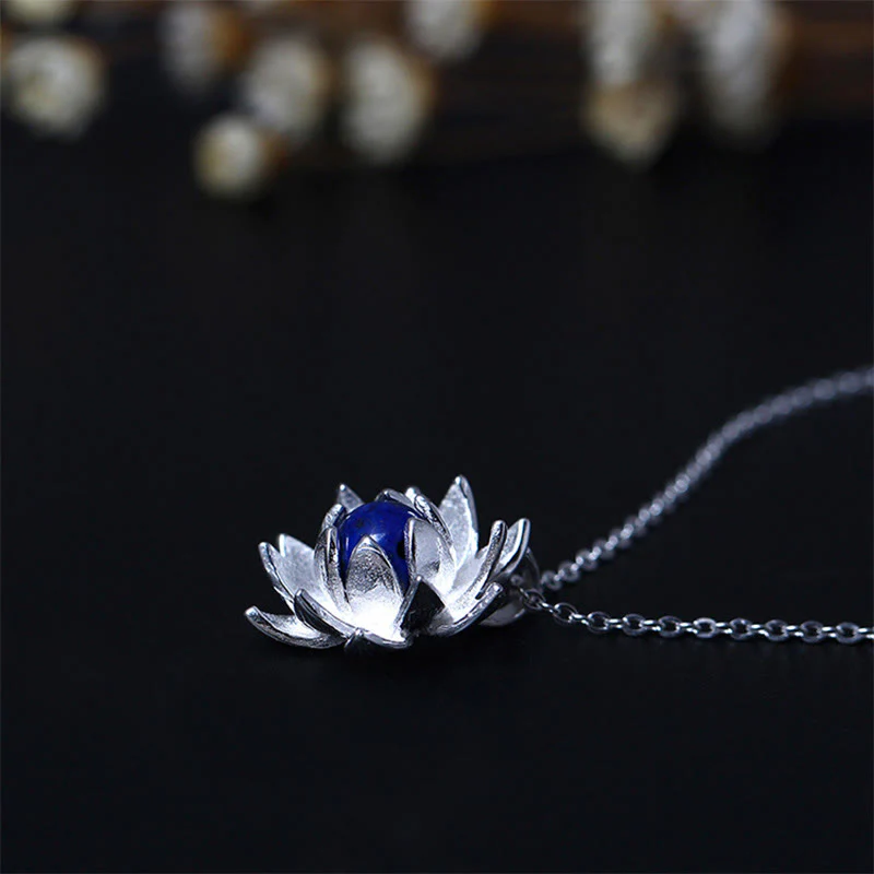 Collana con ciondolo a forma di fiore di loto in argento sterling 925, lapislazzuli e Buddha Stones, per la cura di sé - Image 5