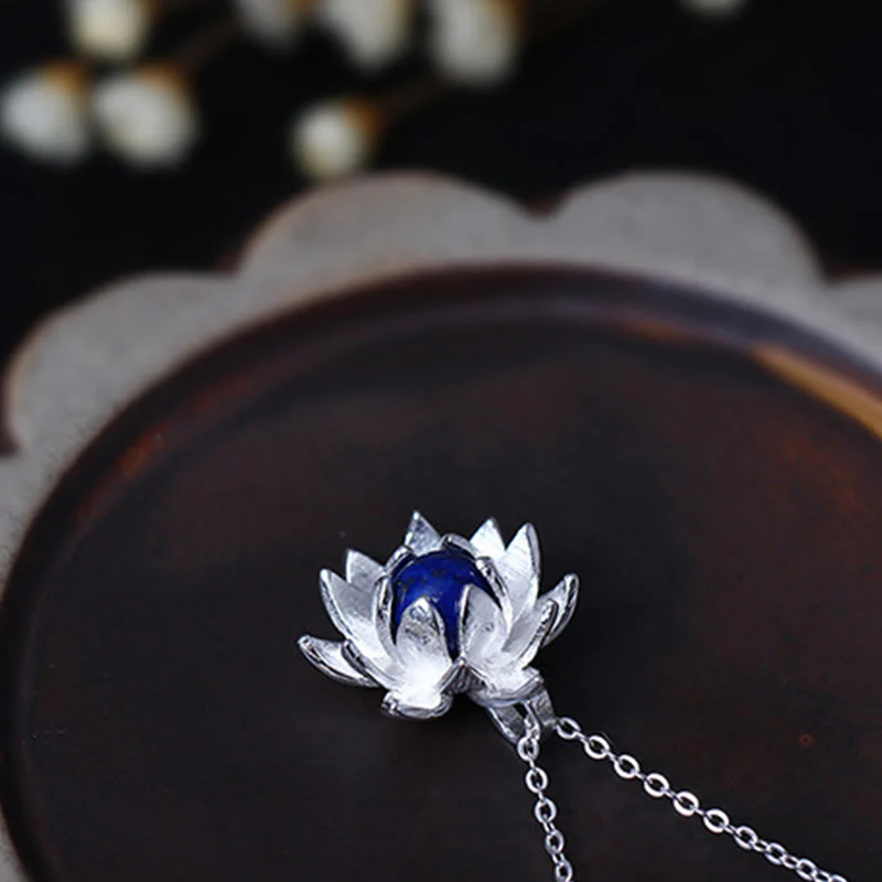 Collana con ciondolo a forma di fiore di loto in argento sterling 925, lapislazzuli e Buddha Stones, per la cura di sé - Image 8