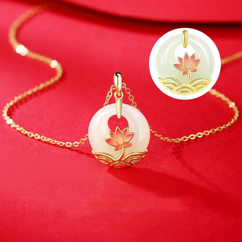 Collana con ciondolo a forma di fiore di loto in giada bianca Hetian, in argento sterling 925, Buddha Stones - Image 5