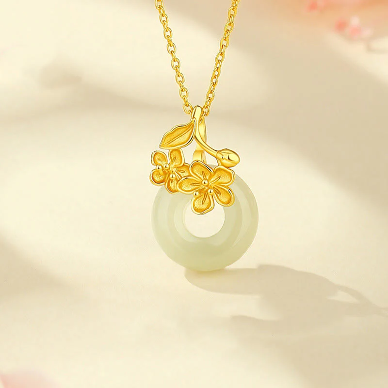 Collana con ciondolo a forma di fiore di pesco, fibbia della pace in argento sterling 999, Buddha Stones, giada di Hetian
