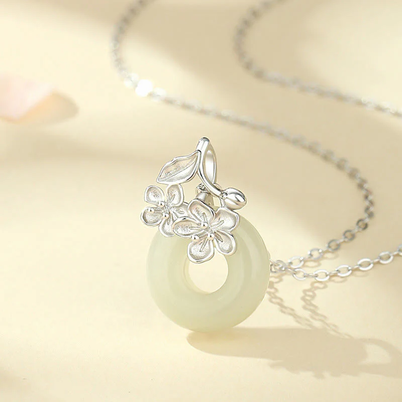 Collana con ciondolo a forma di fiore di pesco, fibbia della pace in argento sterling 999, Buddha Stones, giada di Hetian - Image 10
