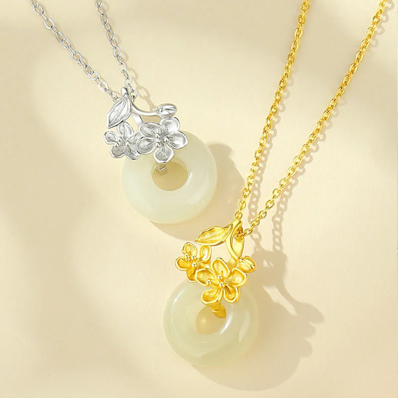 Collana con ciondolo a forma di fiore di pesco, fibbia della pace in argento sterling 999, Buddha Stones, giada di Hetian - Image 11