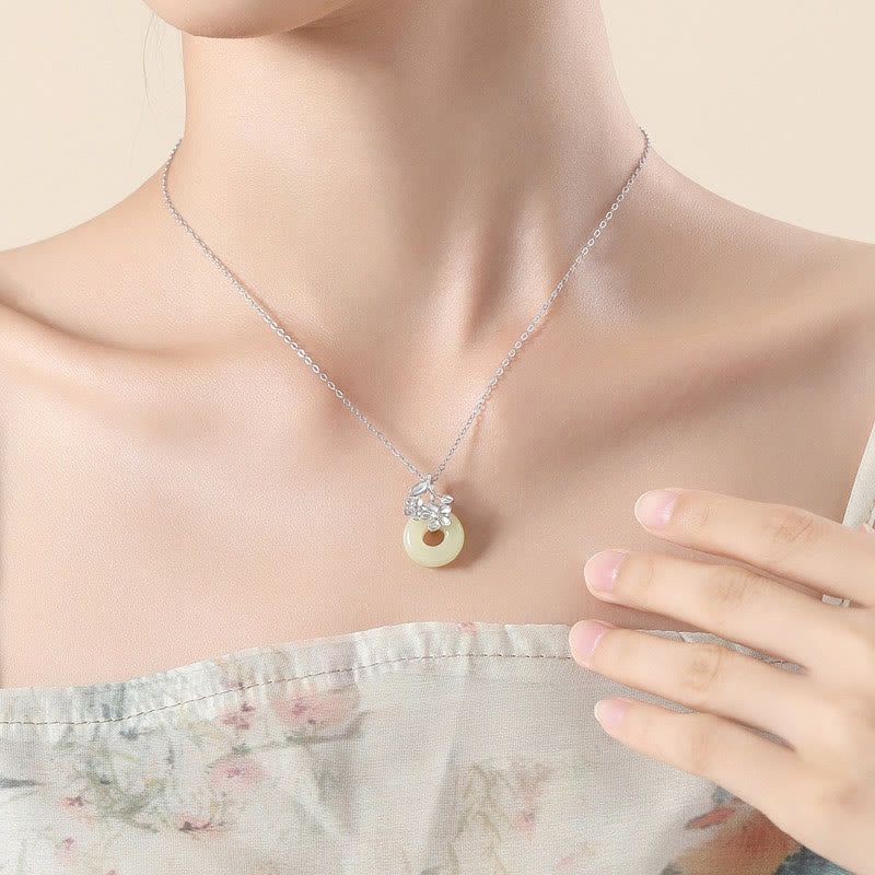 Collana con ciondolo a forma di fiore di pesco, fibbia della pace in argento sterling 999, Buddha Stones, giada di Hetian - Image 12