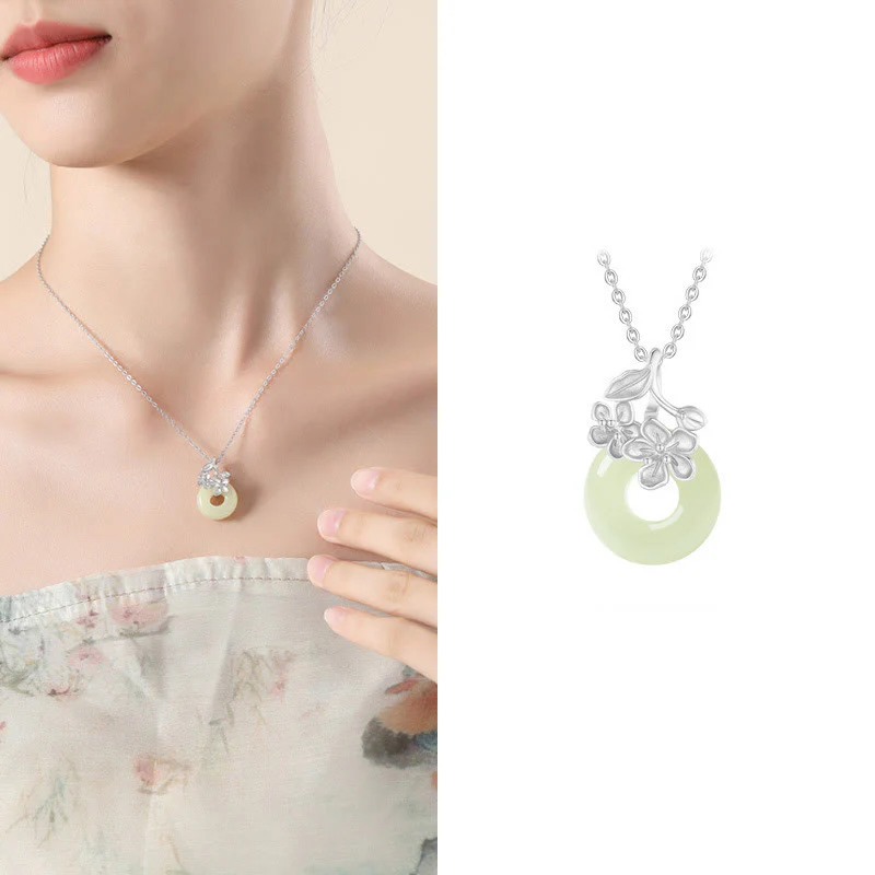 Collana con ciondolo a forma di fiore di pesco, fibbia della pace in argento sterling 999, Buddha Stones, giada di Hetian - Image 13
