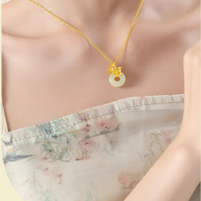 Collana con ciondolo a forma di fiore di pesco, fibbia della pace in argento sterling 999, Buddha Stones, giada di Hetian - Image 3