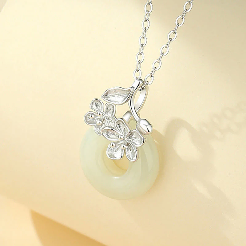 Collana con ciondolo a forma di fiore di pesco, fibbia della pace in argento sterling 999, Buddha Stones, giada di Hetian - Image 9