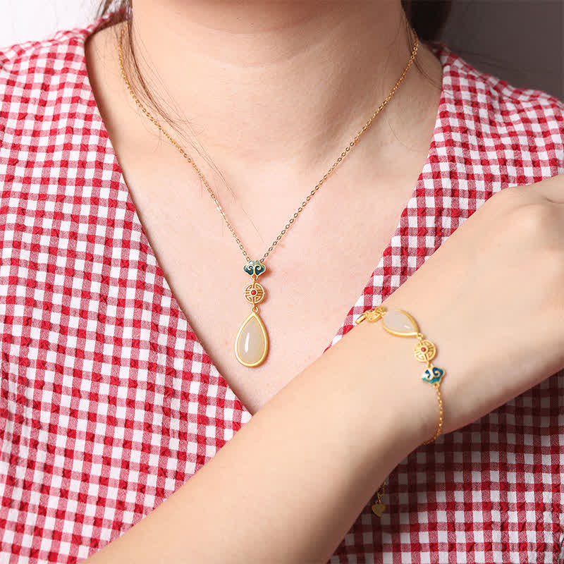 Collana con ciondolo a forma di goccia d'acqua in argento sterling 925 con giada bianca Hetian e bracciale - Image 2