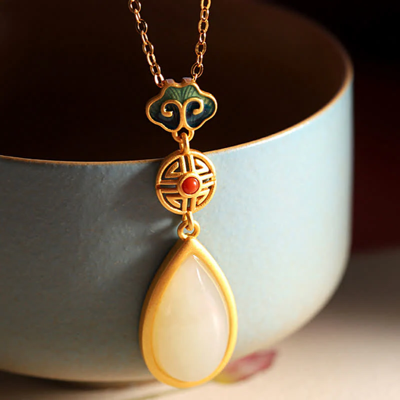 Collana con ciondolo a forma di goccia d'acqua in argento sterling 925 con giada bianca Hetian e bracciale - Image 3