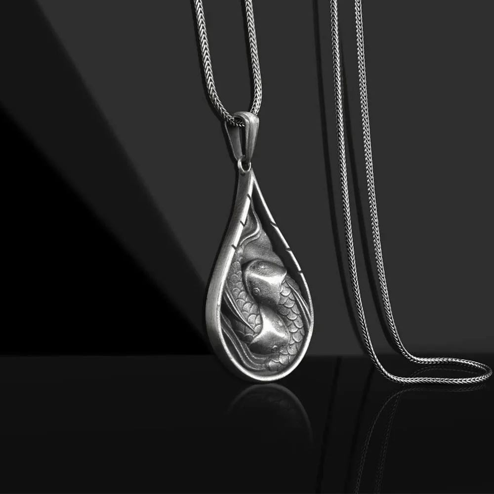 Collana con ciondolo a forma di goccia d'acqua in stagno puro con pesce koi fortunato Buddha Stones , prosperità - Image 2