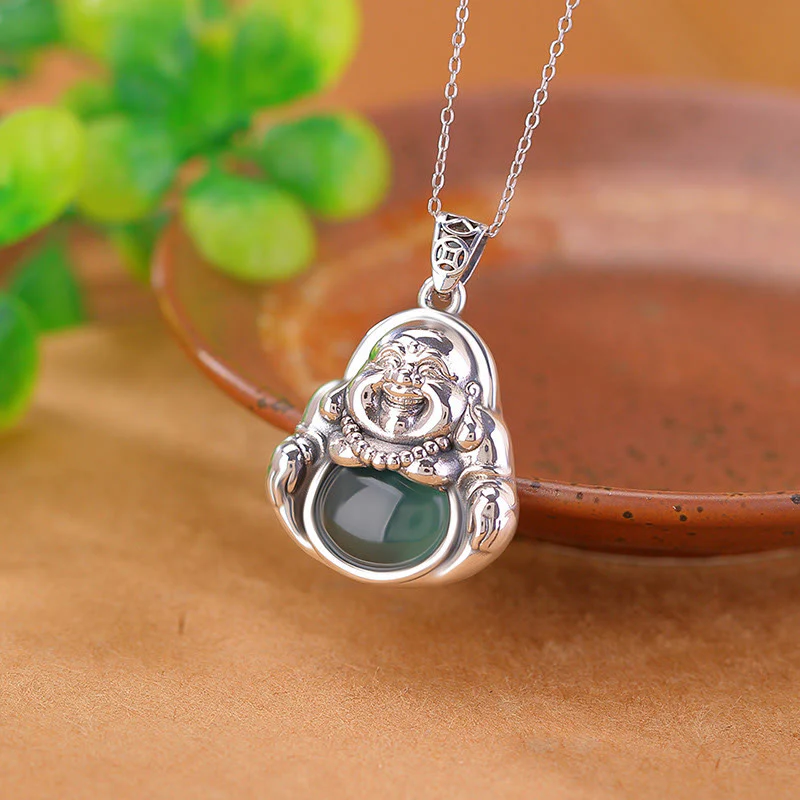 Collana con ciondolo a forma di loto in giada ciano con ciondolo a Buddha Stones in argento sterling 999