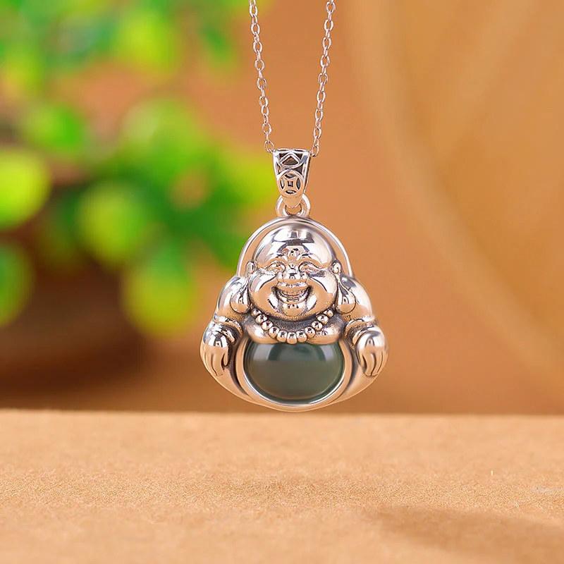 Collana con ciondolo a forma di loto in giada ciano con ciondolo a Buddha Stones in argento sterling 999 - Image 2
