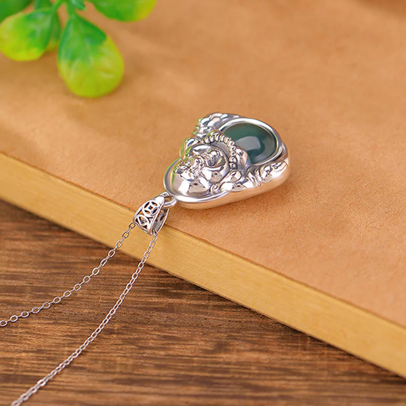 Collana con ciondolo a forma di loto in giada ciano con ciondolo a Buddha Stones in argento sterling 999 - Image 3