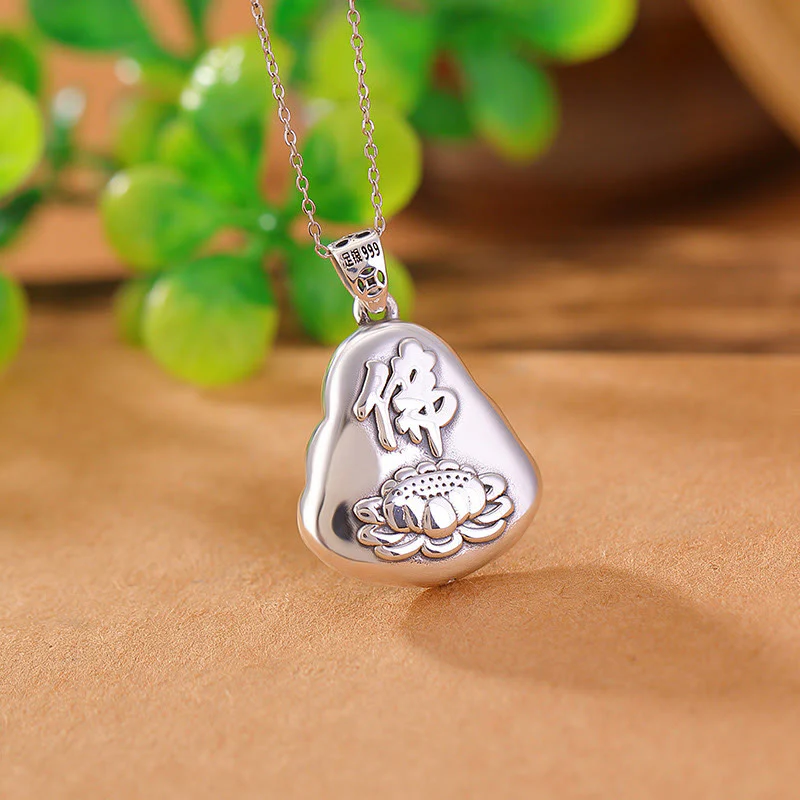 Collana con ciondolo a forma di loto in giada ciano con ciondolo a Buddha Stones in argento sterling 999 - Image 4
