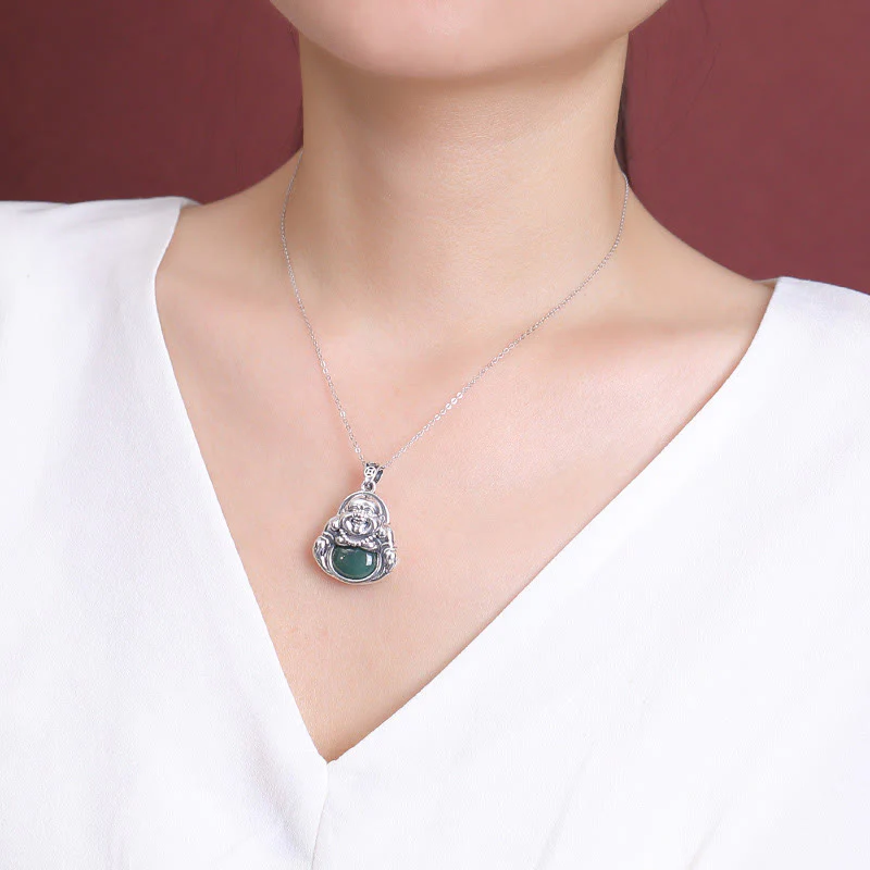 Collana con ciondolo a forma di loto in giada ciano con ciondolo a Buddha Stones in argento sterling 999 - Image 5