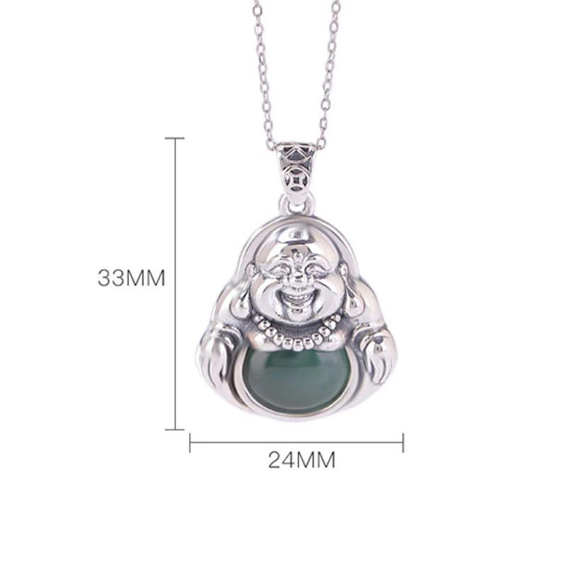 Collana con ciondolo a forma di loto in giada ciano con ciondolo a Buddha Stones in argento sterling 999 - Image 6