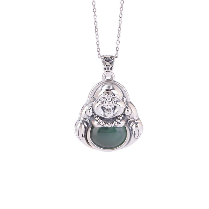 Collana con ciondolo a forma di loto in giada ciano con ciondolo a Buddha Stones in argento sterling 999 - Image 7
