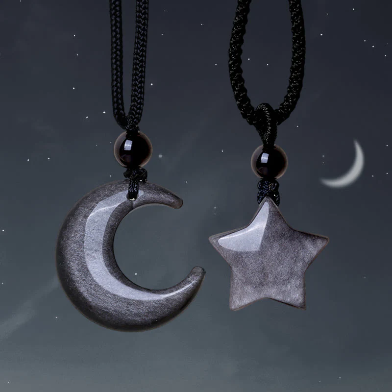 Collana con ciondolo a forma di mezzaluna stellata in ossidiana naturale Buddha Stones argento - Image 11
