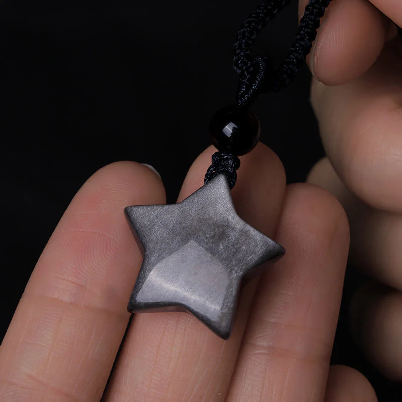 Collana con ciondolo a forma di mezzaluna stellata in ossidiana naturale Buddha Stones argento - Image 3
