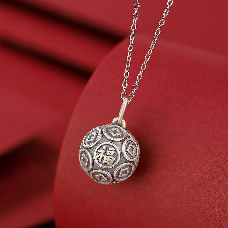 Collana con ciondolo a forma di moneta in rame con ciondolo a forma di catena con ciondolo a forma di moneta in argento sterling 990 Fu Character Buddha Stones