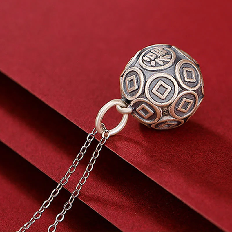 Collana con ciondolo a forma di moneta in rame con ciondolo a forma di catena con ciondolo a forma di moneta in argento sterling 990 Fu Character Buddha Stones - Image 4